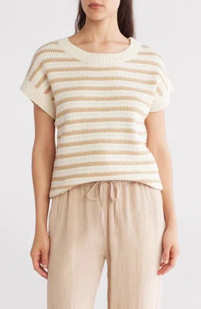 Blu Pepper Stripe Short Sleeve Knit Sweater In Khaki