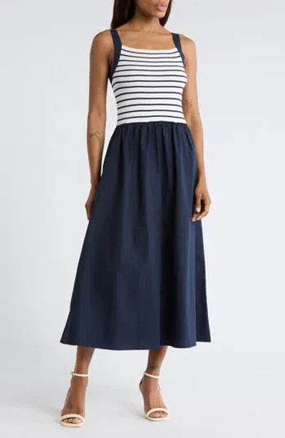 Blu Pepper Stripe Sleeveless Mixed Media Midi Dress In Blue