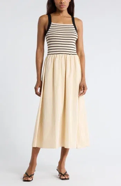 Blu Pepper Stripe Sleeveless Mixed Media Midi Dress In White