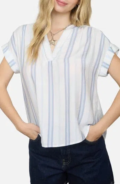 Blu Pepper Stripe Split Neck Top In Blue