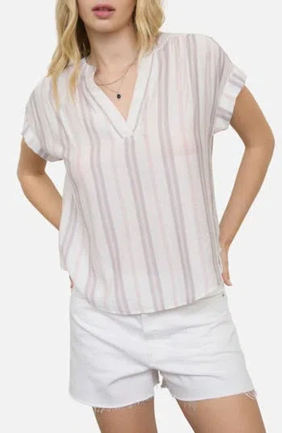 Blu Pepper Stripe Split Neck Top In Neutral