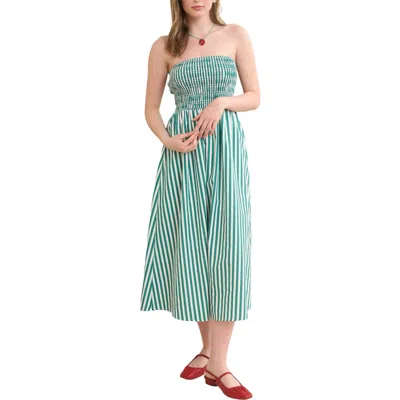 Blu Pepper Stripe Strapless Midi Dress In Green