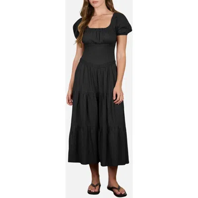 Blu Pepper Stripe Textured Puff Sleeve Tiered Midi Dress In Black