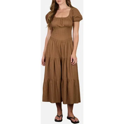 Blu Pepper Stripe Textured Puff Sleeve Tiered Midi Dress In Brown