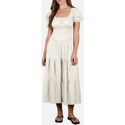 Blu Pepper Stripe Textured Puff Sleeve Tiered Midi Dress In White