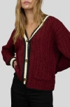 Blu Pepper Stripe Trim Cable Stitch Cardigan In Burgundy