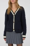 Blu Pepper Stripe Trim Cable Stitch Cardigan In Blue