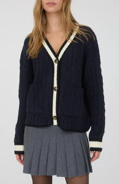 Blu Pepper Stripe Trim Cable Stitch Cardigan In Blue
