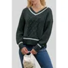 Blu Pepper Stripe V-neck Cable Knit Sweater In Hunter Green