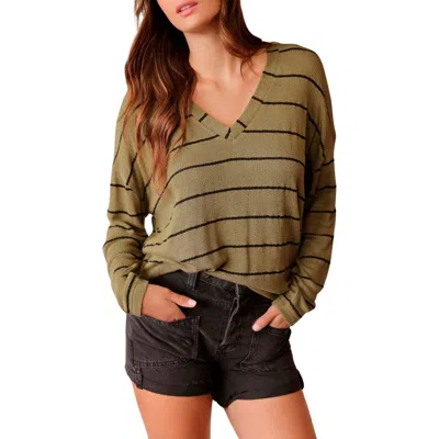 Blu Pepper Stripe V-neck Knit Top In Olive