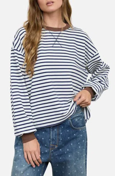Blu Pepper Stripe V-stitch Long Sleeve Knit Top In Blue