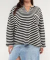 Blu Pepper Striped Split Neck Back Button Knit Top - Plus In Black In Black