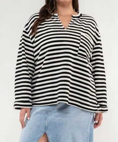 Blu Pepper Striped Split Neck Back Button Knit Top - Plus In Black
