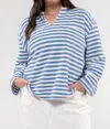 BLU PEPPER STRIPED SPLIT NECK BACK BUTTON KNIT TOP - PLUS IN BLUE