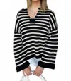 Blu Pepper Striped Split Neck Sweater In Black And Ivory In Black