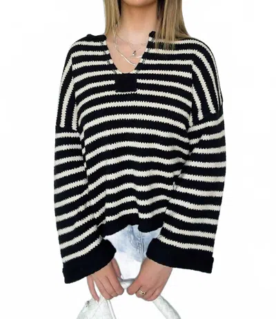 Blu Pepper Striped Split Neck Sweater In Black And Ivory In Multi