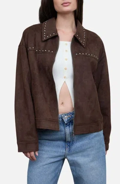 Blu Pepper Studded Faux Suede Collar Jacket In Dark Brown
