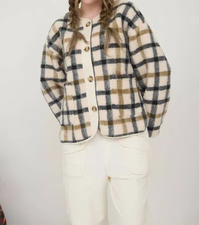 Blu Pepper Teddy Sherpa Jacket In Cream Plaid In Multi