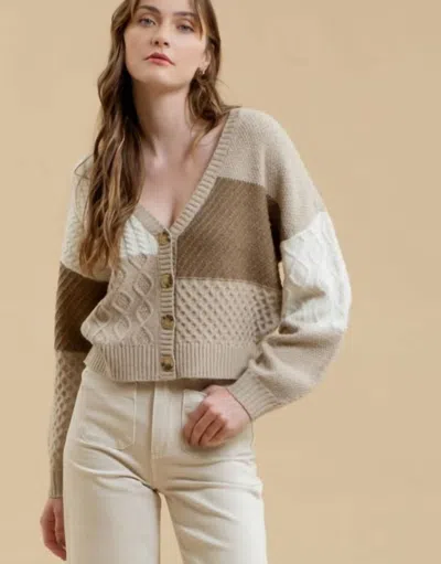 Blu Pepper Textured Button Down Cardi In Taupe Multi