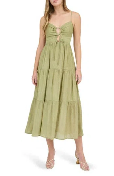 Blu Pepper Tie Front Tiered Midi Sundress In Green