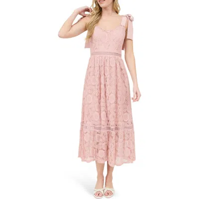 Blu Pepper Tie Shoulder Lace Midi Dress In Dusty Pink