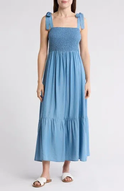 Blu Pepper Tie Shoulder Midi Dress In Chambray
