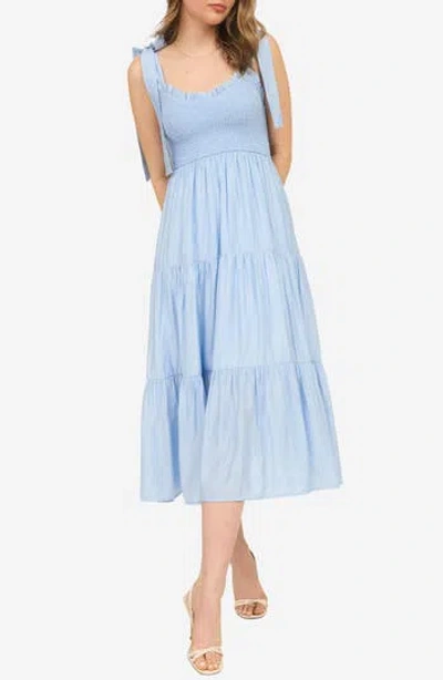 Blu Pepper Tie Shoulder Smocked Midi Sundress In Light Blue