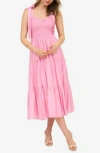 Blu Pepper Tie Shoulder Smocked Midi Sundress In Pink