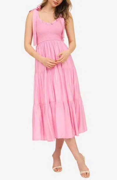 Blu Pepper Tie Shoulder Smocked Midi Sundress In Pink