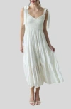 Blu Pepper Tie Shoulder Smocked Midi Sundress In White