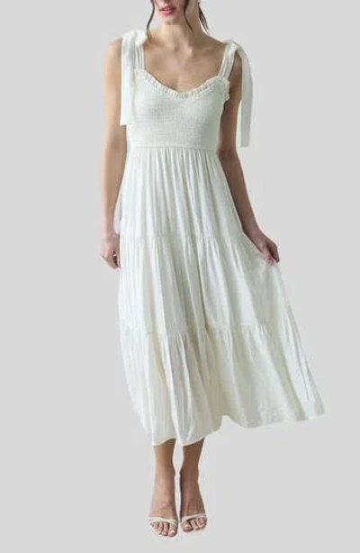 Blu Pepper Tie Shoulder Smocked Midi Sundress In White