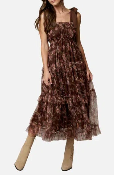 Blu Pepper Tie Strap Ruffle Tiered Floral Chiffon Midi Dress In Brown