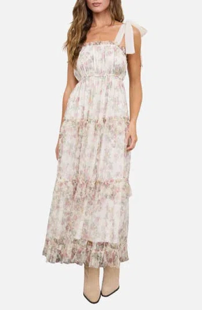 Blu Pepper Tie Strap Ruffle Tiered Floral Chiffon Midi Dress In Neutral
