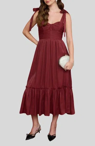 Blu Pepper Tie Strap Tiered Midi Dress In Burgundy