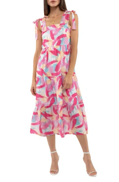 Blu Pepper Tie Strap Tiered Midi Dress In Fuchsia Multi