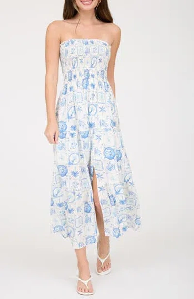 Blu Pepper Tropical Print Strapless Midi Sundress In Blue