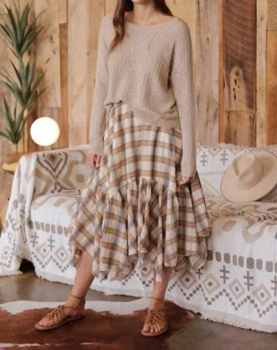 Blu Pepper Unmatched Plaid Ruffle Midi Skirt In Khaki
