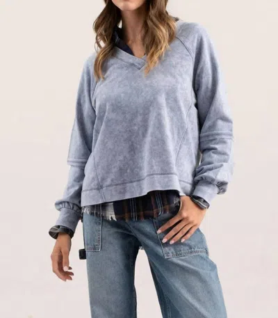 Blu Pepper V-neck Seam Detail Washed Pullover In Indigo Blue
