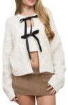Blu Pepper Velvet Bow Cable Stitch Cardigan In White