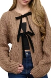 Blu Pepper Velvet Bow Cable Stitch Cardigan In Brown