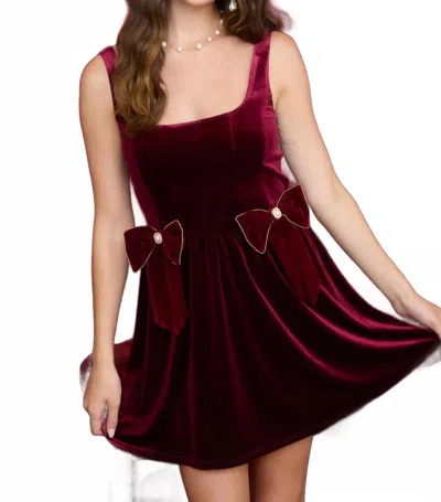 Blu Pepper Velvet Jeweled Bow Detail Corset Midi Dress In Burgundy In Red
