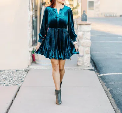 Blu Pepper Velvet Split Collar Godet Mini Dress In Dark Teal In Blue