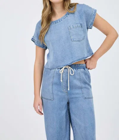 Blu Pepper Washed Chambray Boat Neck Short Sleeve Crop Top In Denim In Blue