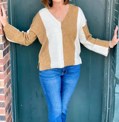 Blu Pepper Wide Stripe V-neck Sweater In Camel/ Cream