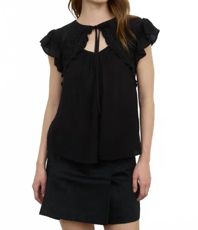 Blu Pepper Women's Keyhole Neck With Tie Lace Trim Short Sleeve Top In Black