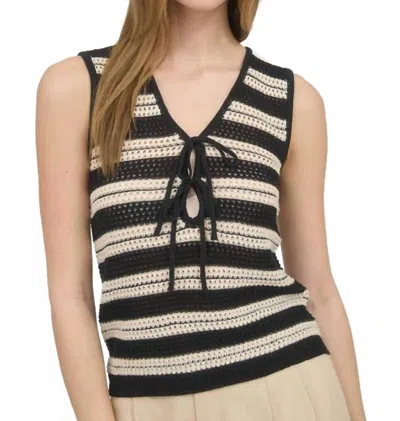 Blu Pepper Women's Stripe Front Tie Sleeveless Crochet Knit Pullover In Black