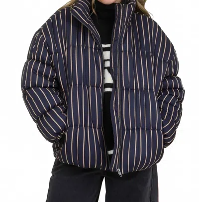 Blu Pepper Women's Striped High Neck Puffer Jacket In Navy In Black