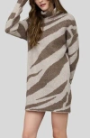 Blu Pepper Zebra Stripe Long Sleeve Turtleneck Sweater Dress In Brown