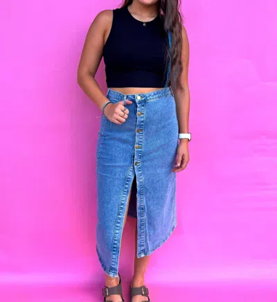 Blue B Asher Mid Rise Stretch Midi Denim Skirt In Medium Wash