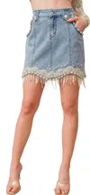 Blue B Denim Embellished Pearl Fringe Mini Skirt In Medium Wash
